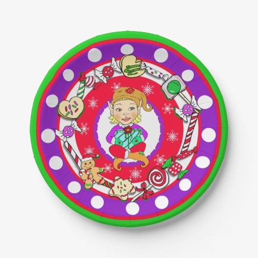 Kerstmis, Elf Girl Whimsical Snoep Polka Dot Papieren Bordje (Voorkant)