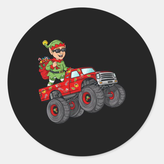 Kerstmis - Elf Riding Monster Truck Boys Kinder Fa Ronde Sticker (Voorkant)