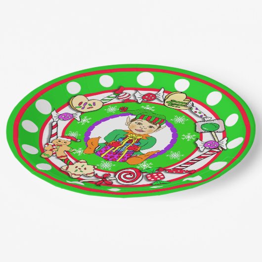 Kerstmis, Elf Whimsical Snoep Polka Dot Papieren Bordje (Gekanteld)
