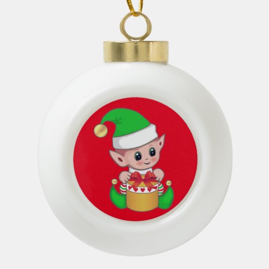 Kerstmis en cadeaudoos op rood keramische bal ornament (Voorkant)