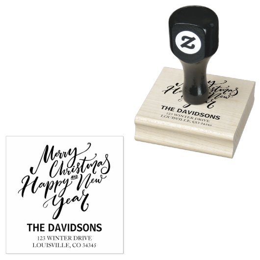 Kerstmis en Gelukkig Nieuwjaar Script Monogram Rubberstempel (Gestempeld)