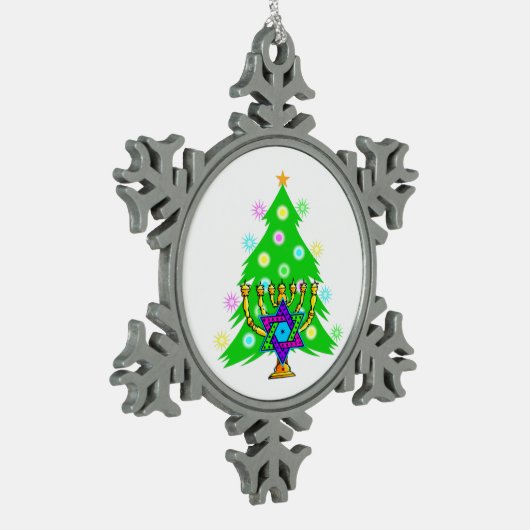Kerstmis en Hanukkah Interreligieus Tin Sneeuwvlok Ornament (Links)