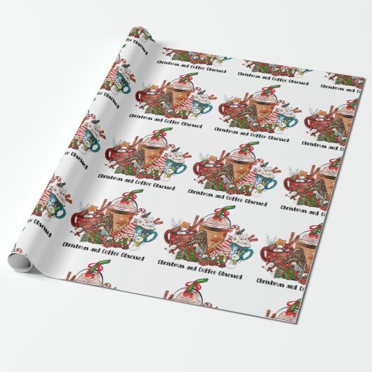 Kerstmis en koffie geobsedeerd cadeaupapier (Uitgerold)