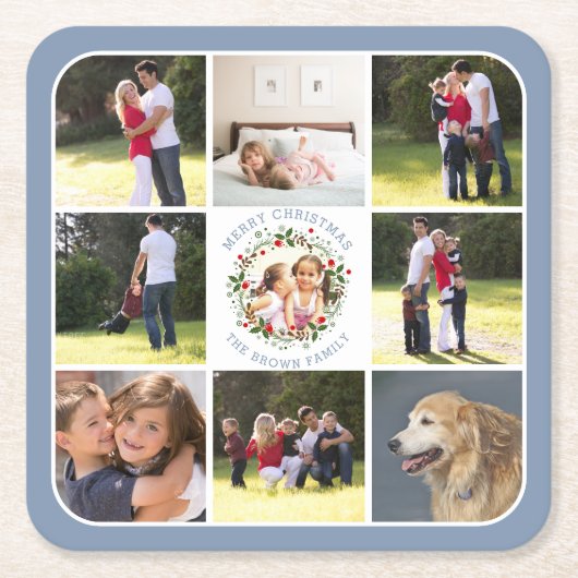 Kerstmis en negen foto's stoffig blauw kartonnen onderzetters (Voorkant)