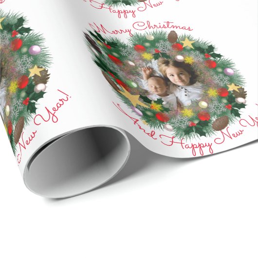 Kerstmis en Nieuwjaar groeten, foto in een kroon Cadeaupapier (Rol Hoek)