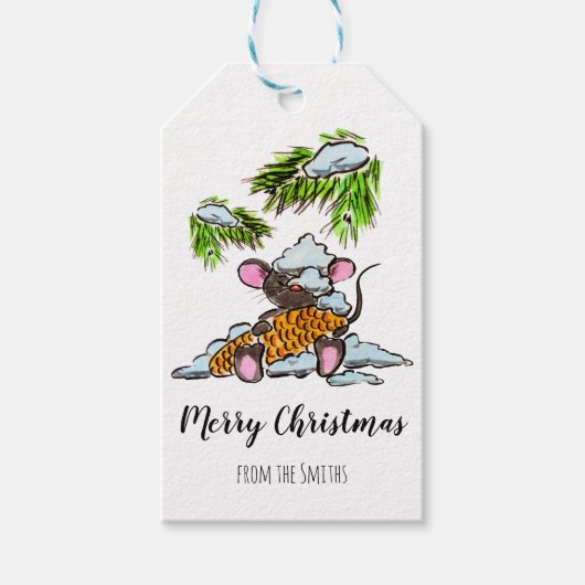 Kerstmis en Nieuwjaar muis met een kegel Cadeaulabel (Voorkant)