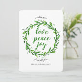 Kerstmis en Nieuwjaarskrans. Liefde, vrede, vreugd Feestdagenkaart (Staand voorkant)