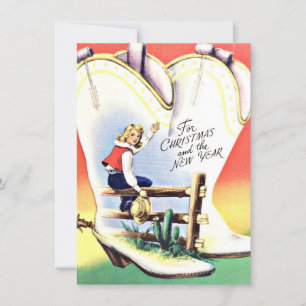 Kerstmis en Oud en Nieuw Cowgirl Westers Vintage Feestdagenkaart