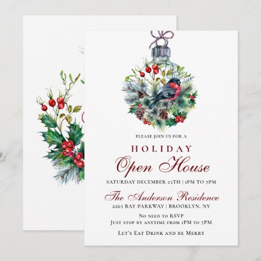 Kerstmis en Rood Bird Holiday Open House Kaart (Voorkant / Achterkant)