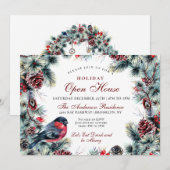 Kerstmis en Rood Bird Holiday Open House Kaart (Voorkant / Achterkant)