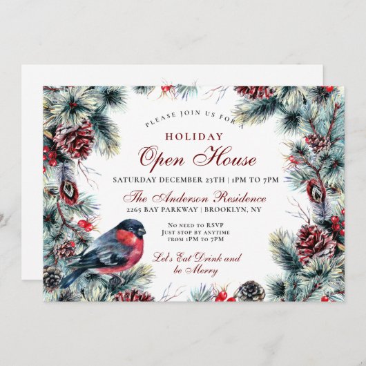 Kerstmis en Rood Bird Holiday Open House Kaart (Voorkant / Achterkant)