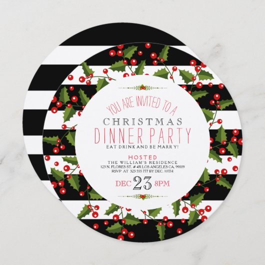 Kerstmis en Stripes Diner Invite Kaart (Voorkant / Achterkant)