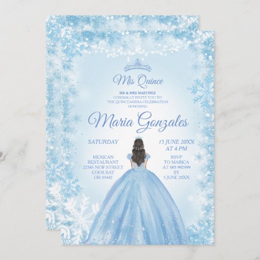 Kerstmis en Winter Mis Quince Blue Invite Kaart (Voorkant / Achterkant)