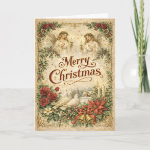 Kerstmis engel en duif Vintage Feestdagen Kaart