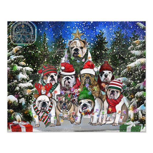 Kerstmis Engelse Bulldog Tree Foto Afdruk (Voorkant)