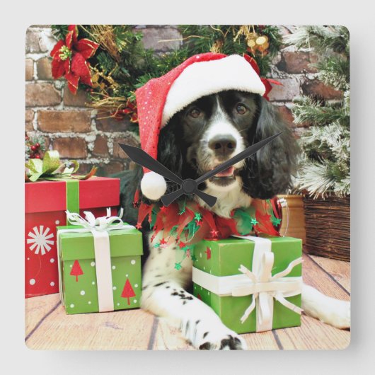Kerstmis - English Springer Spaniel - Lucy Vierkante Klok (Voorkant)