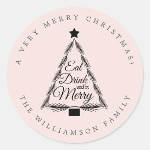 Kerstmis Eten Drinken Vrolijk Naam Roze Enveloppe Ronde Sticker