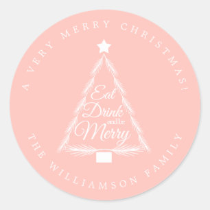 Kerstmis Eten Drinken Vrolijk Naam Roze Enveloppe Ronde Sticker