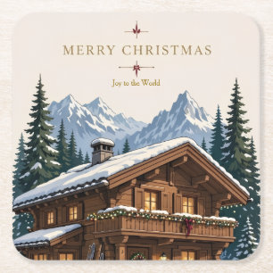 Kerstmis Europees Alpen Chalet Besneeuwde Berg Kartonnen Onderzetters