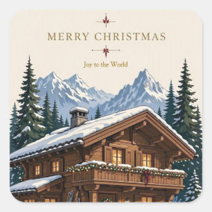 Kerstmis Europees Alpen Chalet Besneeuwde Berg Vierkante Sticker