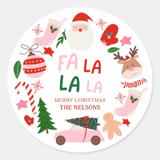Kerstmis Fa La La Rood en Groen Ronde Sticker (Voorkant)