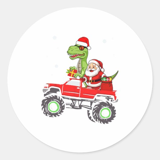 Kerstmis familie bijpassende santa truck dinosauru ronde sticker (Voorkant)