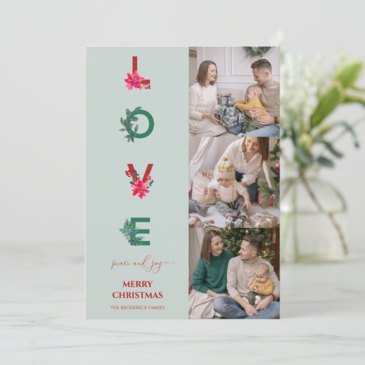Kerstmis familie foto collage | Love Peace Joy Feestdagenkaart (Staand voorkant)