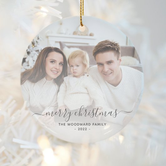 Kerstmis Familie Foto Grijs Script Keramisch Ornament
