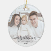 Kerstmis Familie Foto Grijs Script Keramisch Ornament (Links)