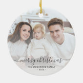 Kerstmis Familie Foto Grijs Script Keramisch Ornament (Achterkant)