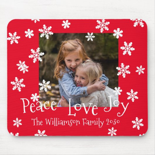 Kerstmis Familie Foto Jaar Wit Sneeuwvlok Rood Muismat (Voorkant)