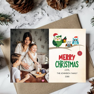 Kerstmis Familie Foto Uilen Kleurrijk Modern Schat Feestdagenkaart