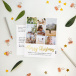 Kerstmis Familie Fotocollage Folie Feestdagen Briefkaart<br><div class="desc">Deze elegante kerstkaart met goudkleurige folie en familiefoto-collage bevat een plek waar je je naam kunt toevoegen, een bericht op de voor- en achterkant in prachtige typografie, evenals ruimte om je eigen fotomontage toe te voegen (met plaats voor zeven foto's). De achterkant van de kaart heeft een eenvoudig wit ontwerp...</div>