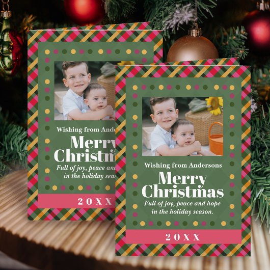 Kerstmis Familie Geruite Foto Vakantie Ansichtkaar Kaart