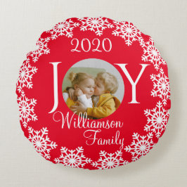 Kerstmis Familie "JOY" Rood met witte sneeuwvlok V Rond Kussen