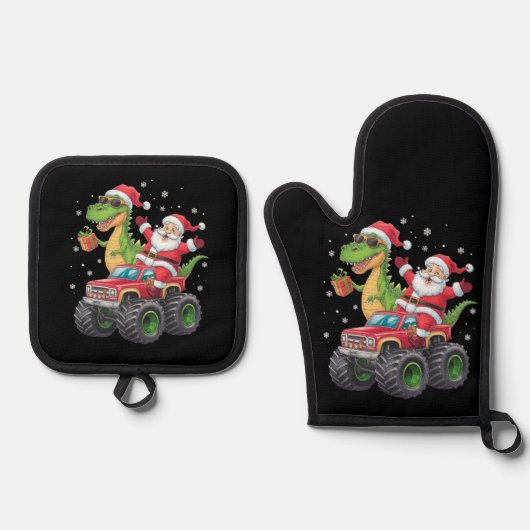 Kerstmis Familie Matching Santa Truck Dinosaurus Ovenwant & Pannenlap Set (Voorkant)