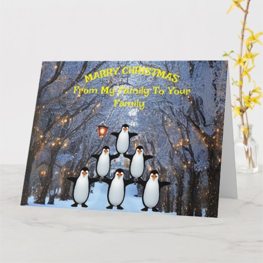 Kerstmis Familie van Pinguïns die Plezier hebben Kaart (Gele Bloem)