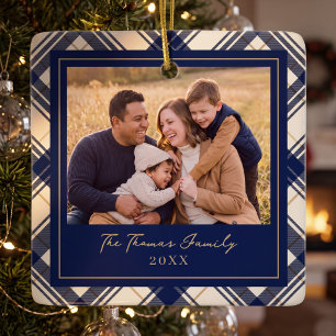 Kerstmis familiefoto in marineblauwe ruit keramisch ornament