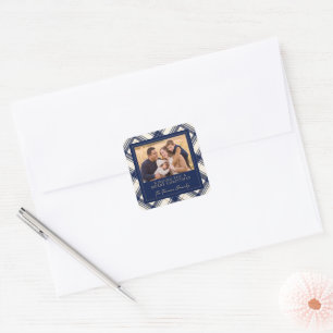 Kerstmis familiefoto in marineblauwe ruit vierkante sticker