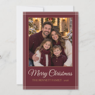 Kerstmis familiefoto met Bourgondisch ruitpatroon Feestdagenkaart