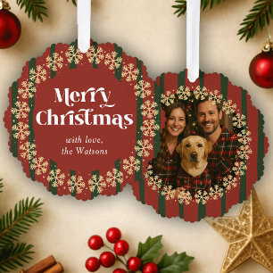 Kerstmis familiefoto met vintage rode groene ruitp ornament kaart