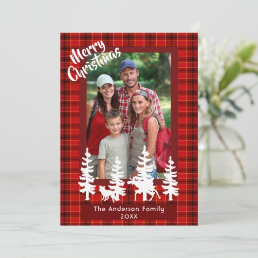 Kerstmis familiefoto rood geruit bos feestdagenkaart (Staand voorkant)