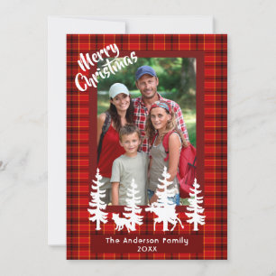 Kerstmis familiefoto rood geruit bos feestdagenkaart