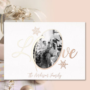 Kerstmis familiefoto sneeuwvlok roosgoud folie feestdagenkaart