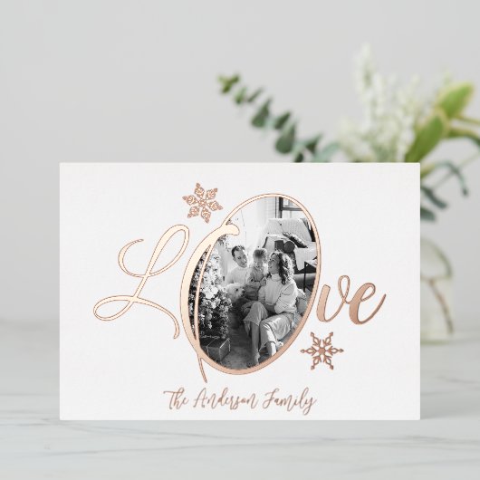 Kerstmis familiefoto sneeuwvlok roosgoud folie feestdagenkaart (Staand Voorkant)