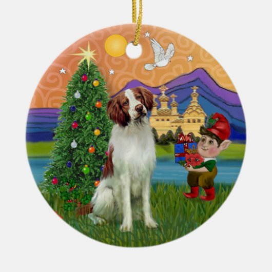 Kerstmis Fantasie - Brittany Spaniel Keramisch Ornament (Voorkant)