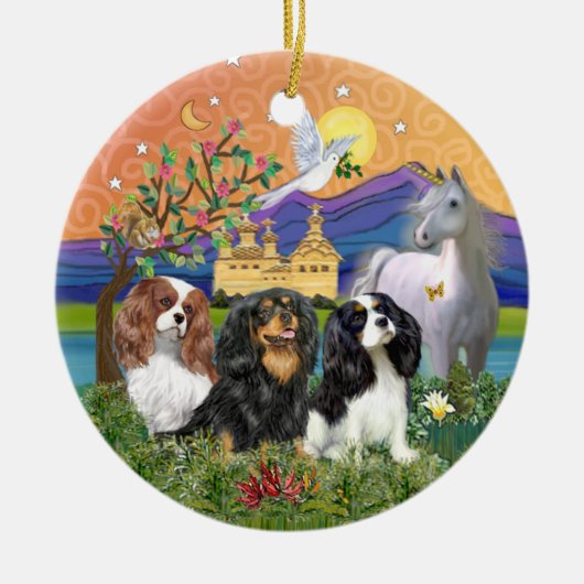 Kerstmis Fantasie-Drie Cavalier King Charles Spani Keramisch Ornament (Voorkant)