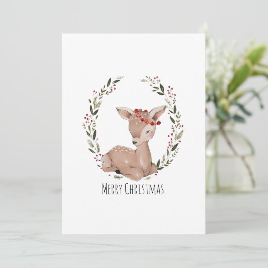 Kerstmis Fawn Wreath Feestdagenkaart (Staand voorkant)