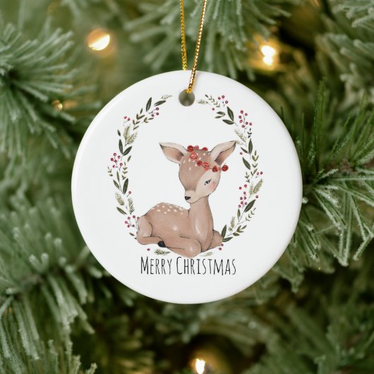 Kerstmis Fawn Wreath Keramisch Ornament (Boom)
