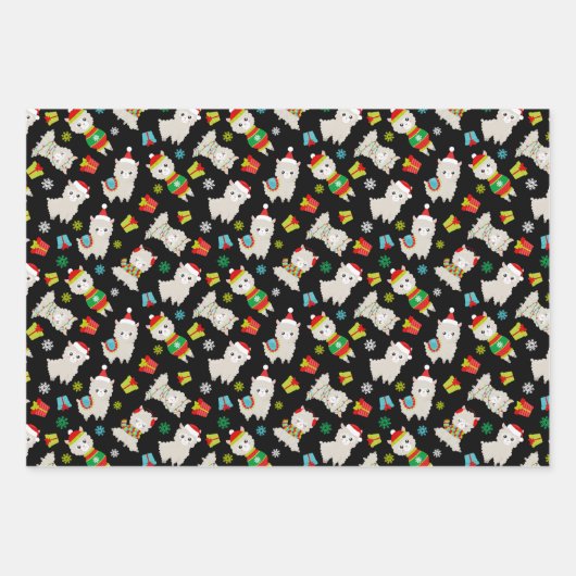 Kerstmis feestelijke lama's op zwart inpakpapier vel (Voorkant 3)